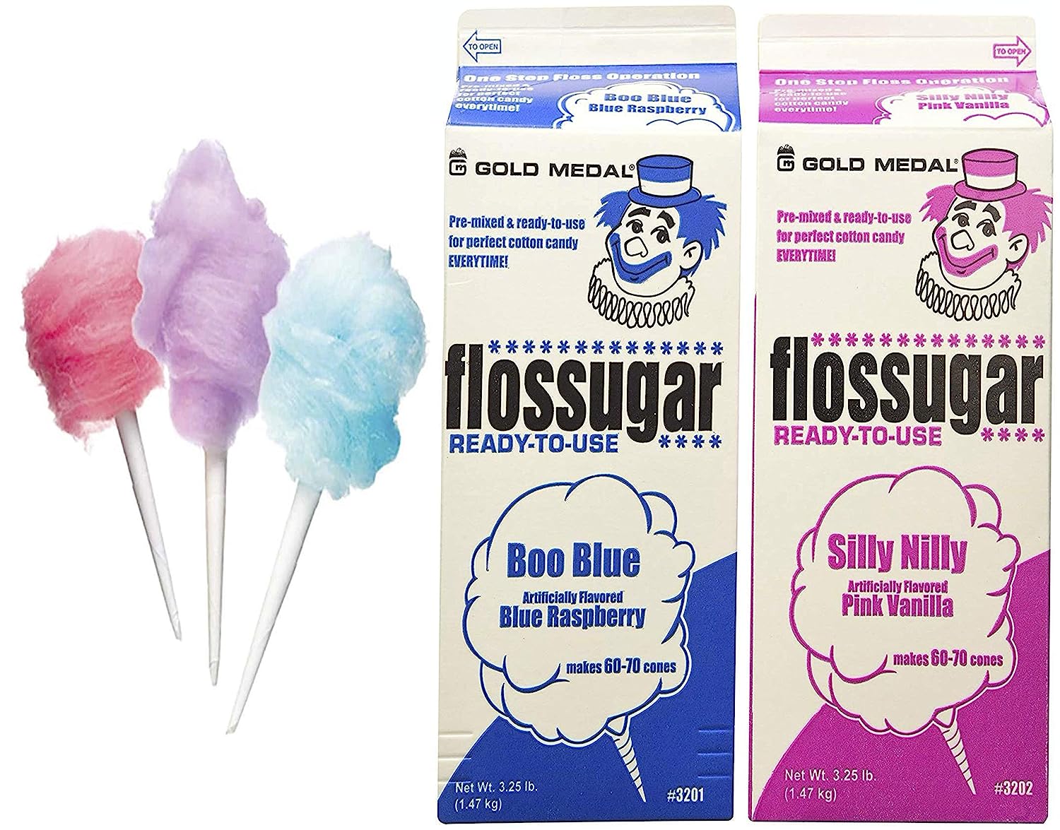 2 Pack Cotton Candy Floss Sugar. Pink Vanilla and Blue Raspberry. (Two 3.25 lb Containers w/100 Cotton Candy Cones)