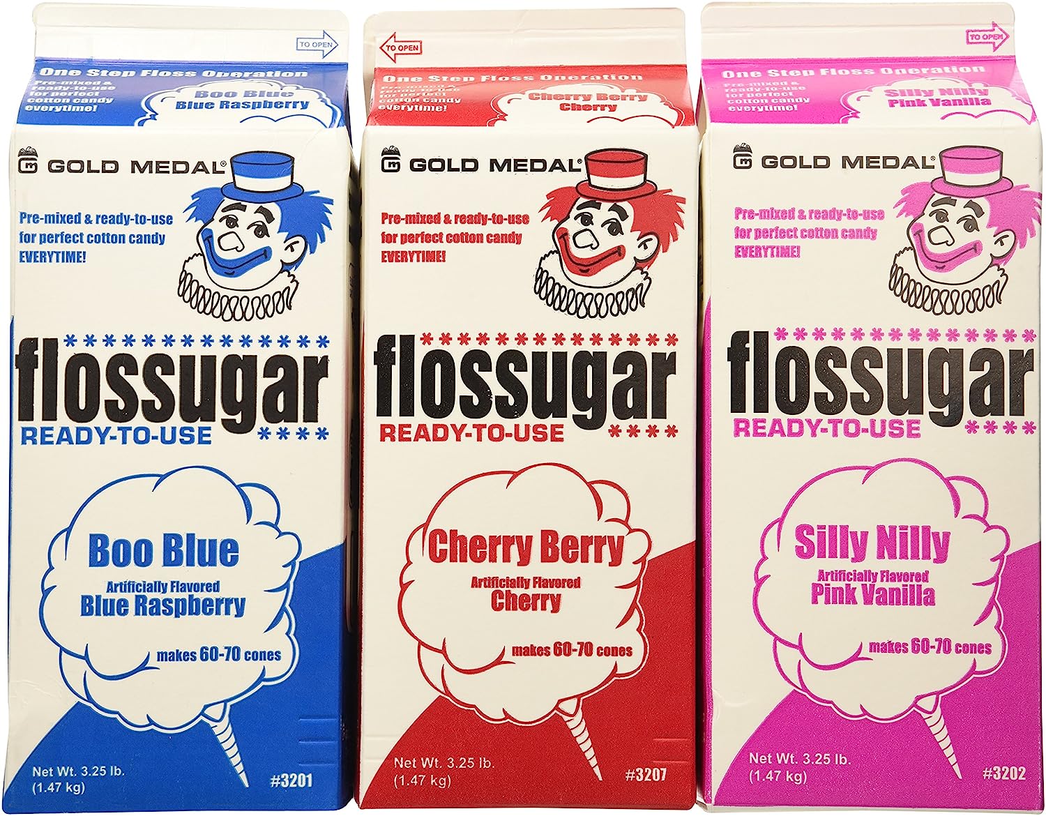 3 Pack Floss Sugar - ( Pink Vanilla, Blue Raspberry & Cherry) 1/2 Gallon Each Flavor